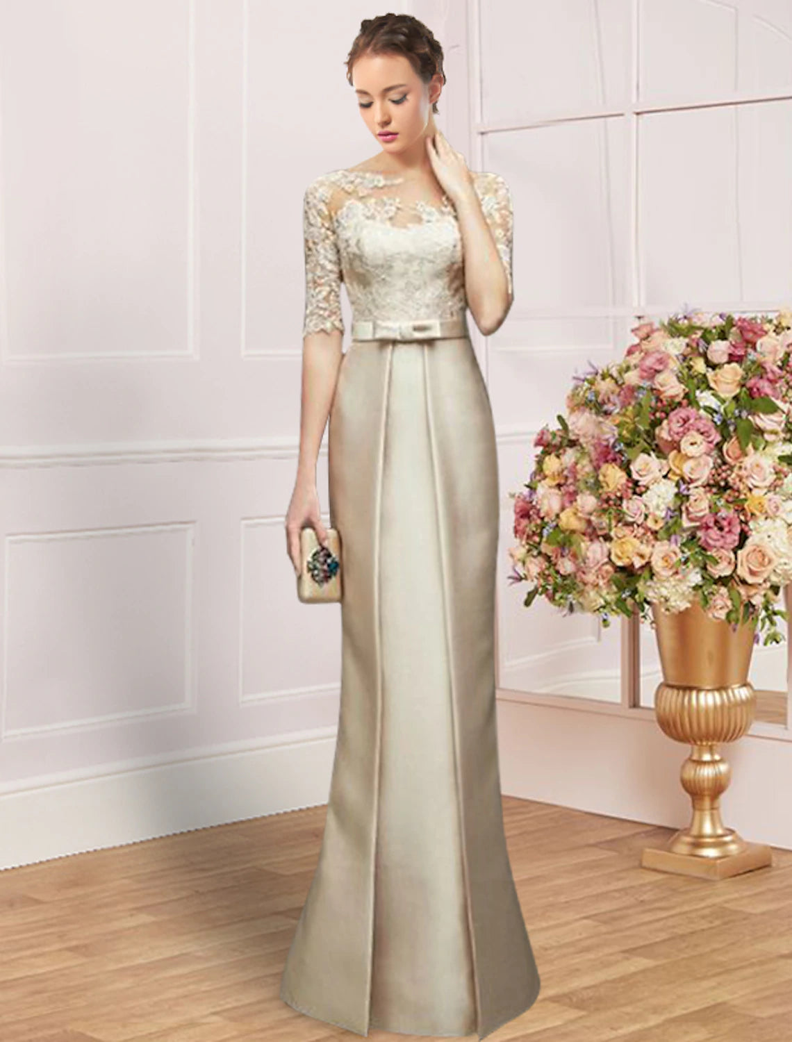 Wholesale  Sheath / Column Mother of the Bride Dress Wedding Guest Party Elegant Jewel Neck Floor Length Satin Lace Half Sleeve with Bow(s) Ruching